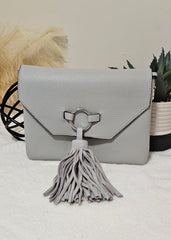 GRAY LEATHER WITH TASSLE CLUTCH