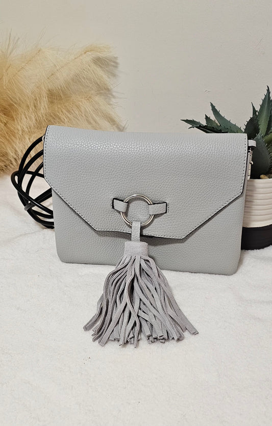 GRAY LEATHER WITH TASSLE CLUTCH