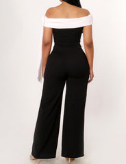 TWO TONE OFF SHOULDER WIDE LEG JUMPSUIT