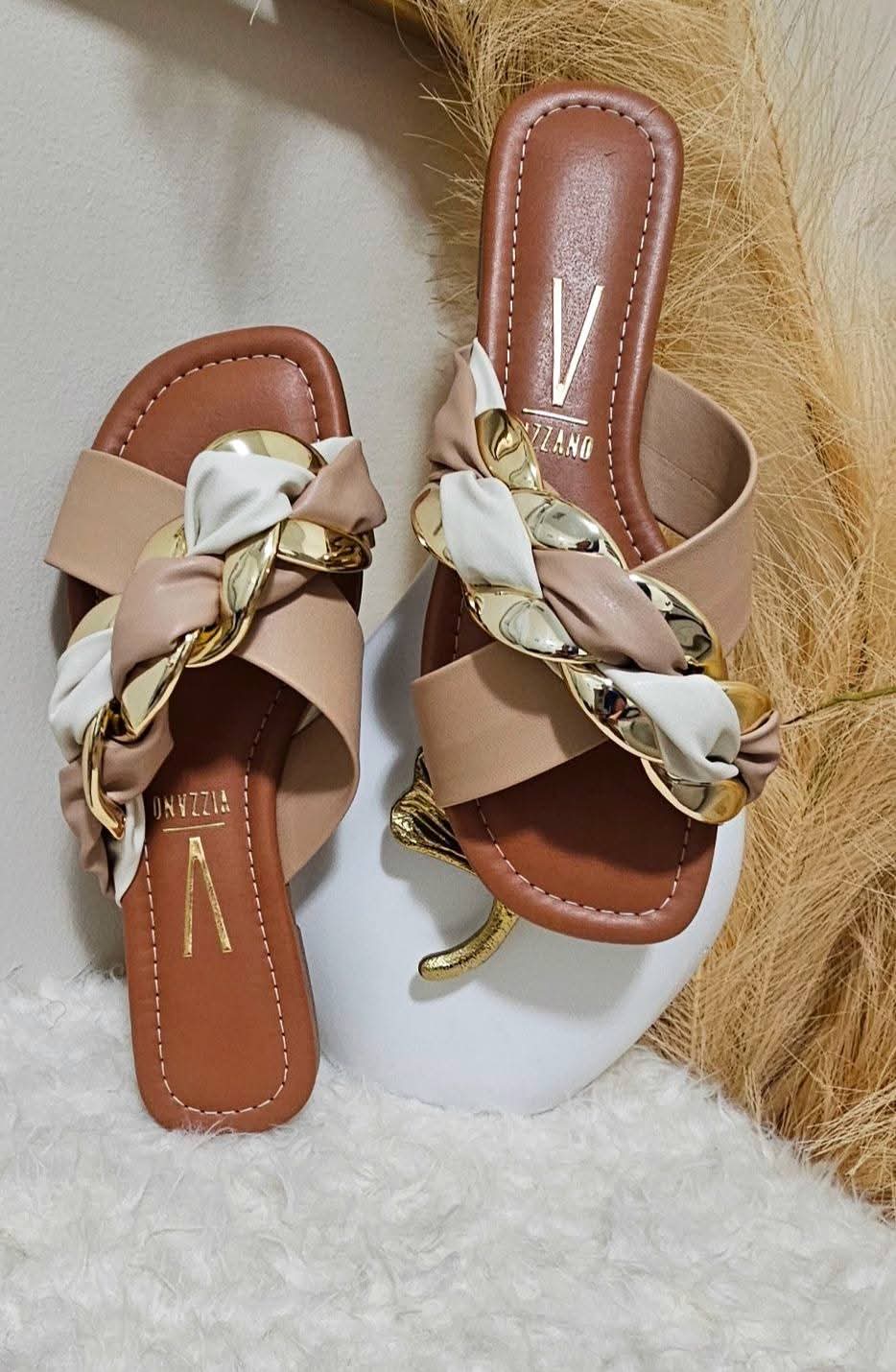 CRISS CROSS GOLD DETAIL FLIP FLOPS - BROWN