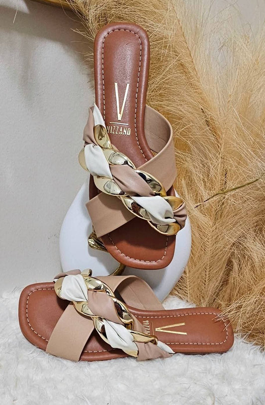 CRISS CROSS GOLD DETAIL FLIP FLOPS - BROWN