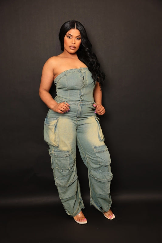 CHIC ME DENIM LIGHT WASH JUMPSUIT